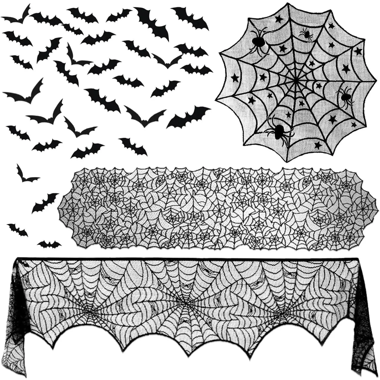 39 Pcs Halloween Decorations Kit Black Lace Spiderweb Round Tablecloth Table Runner, Giant Spider Cobweb Fireplace Scarf with 36PCS Scary 3D Bats Wall Stickers for Halloween Party DecorGift