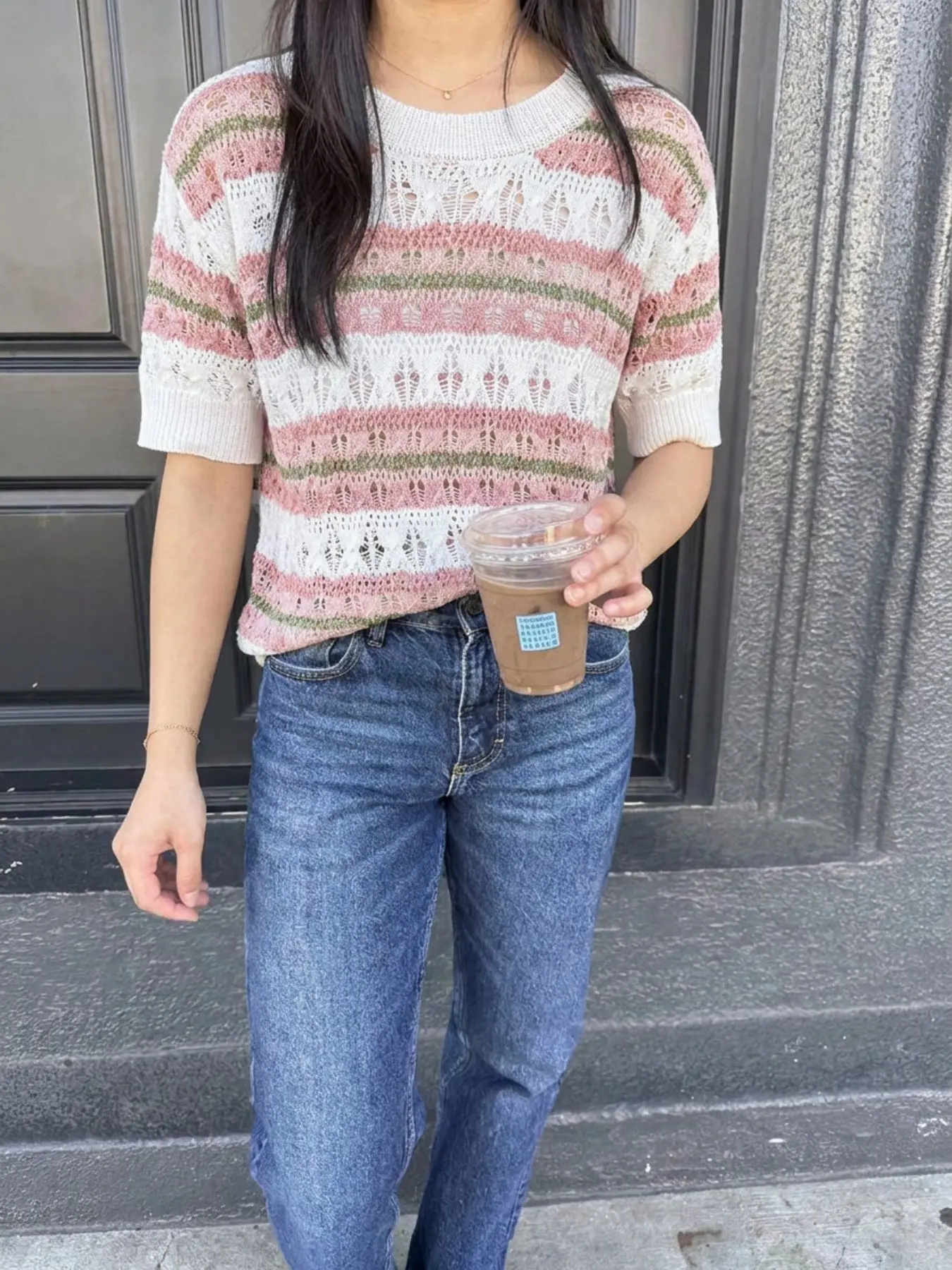 Women's Cute Striped Knit Pullover Short Sleeve Thin Top, 2026 Spring Summer Fashion, Casual Farmhouse Style, Ideal for Daily Outing, Travel, Date
