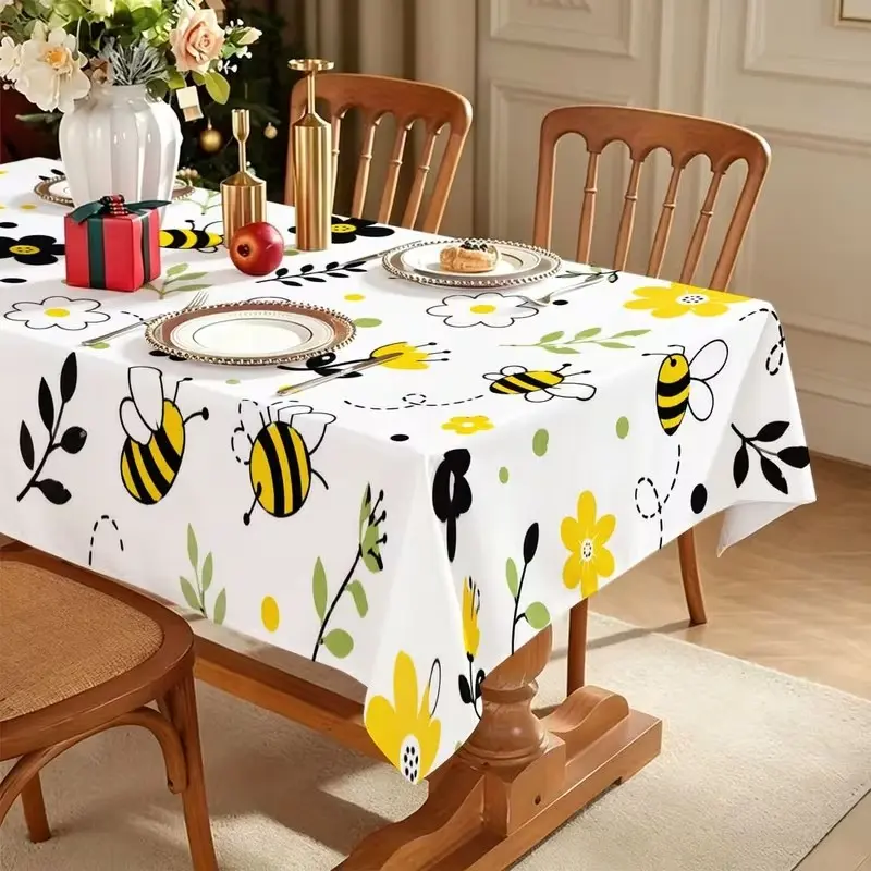 2D Flat Party Tablecloth, Farmhouse Style Bee Sunflower Design, Rectangular Polyester Table Cover, Kitchen Decor, Garden Table Setting