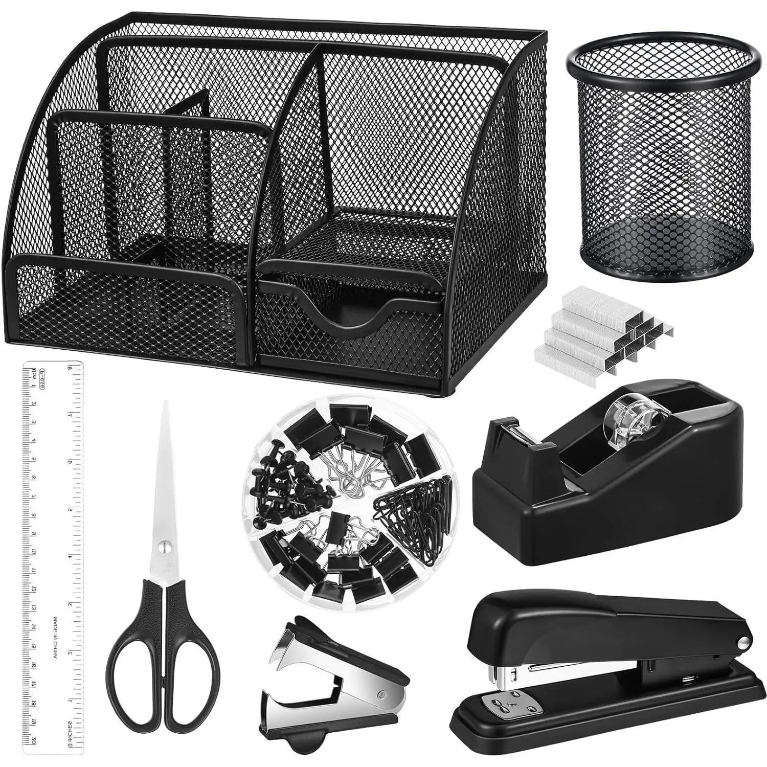 Black Desk Organizer and Accessories Office Supply Kit with Mesh Desktop Organizer, Stapler, 1000 Staples, Tape Dispenser, Pen Holder, Staple Remover, Clips, Ruler, ScissorsGift