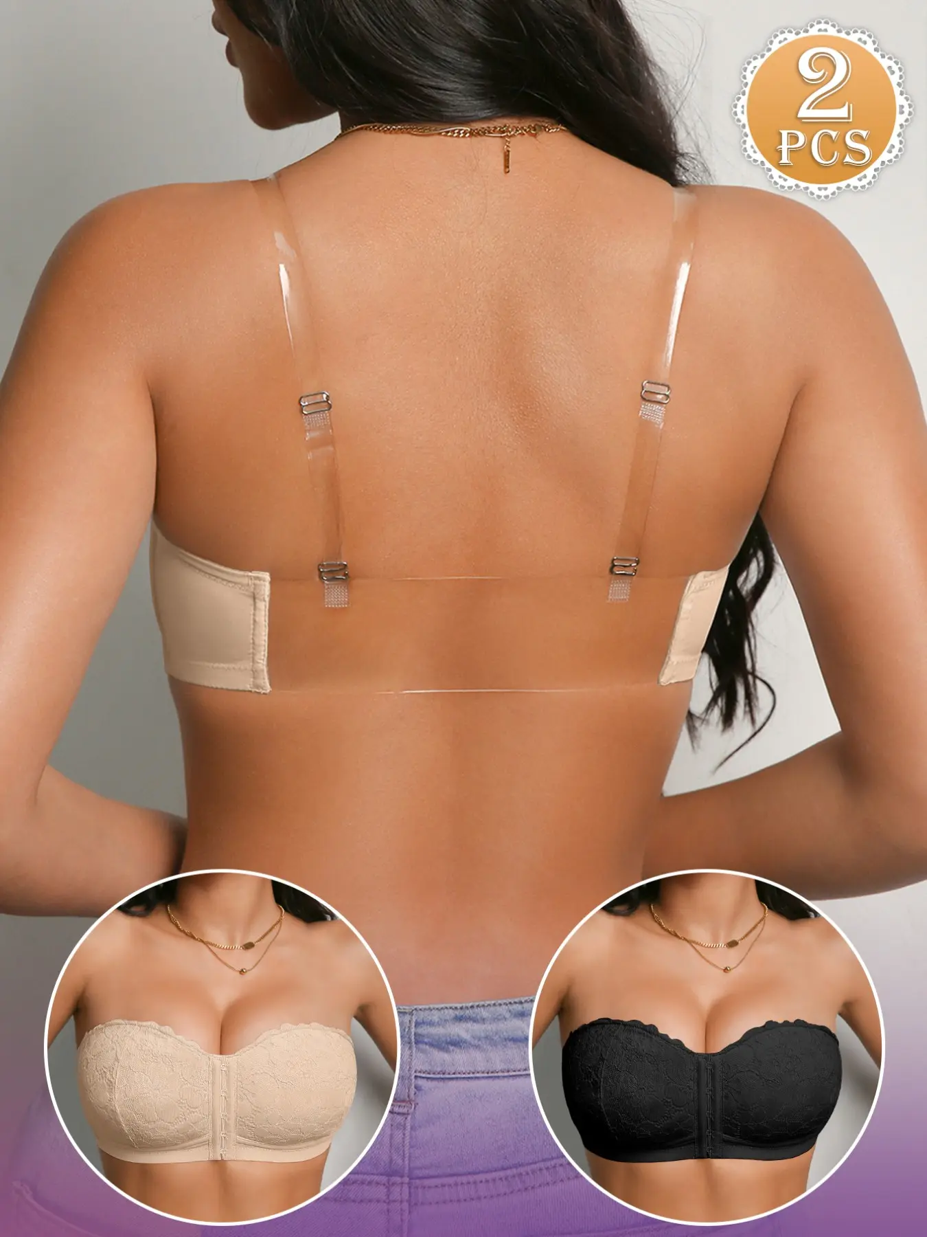 Women Non-slip Lace Strapless Bandeau Bra, Front Closure, Detachable Clear Straps, Push Up Anti-sagging, Ideal for Wedding, Off-shoulder & Backless Outfits