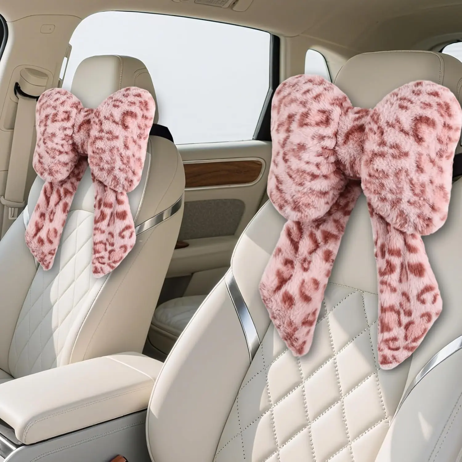 2 Pack Bow Car Headrest Pillow Comtable Soft Plush Head Rest Cushion, Neck Pillow  Driving Office Use and Car Interior Decoration (Pink Leopard)