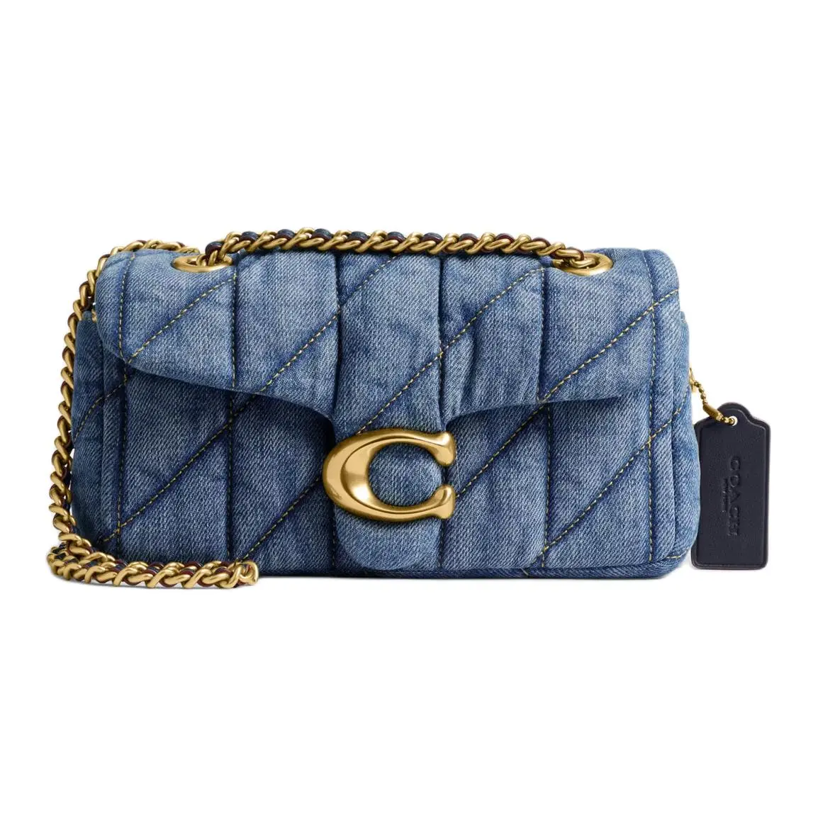 COACH Tabby 20 Quilted Gold Logo Chain Denim Crossbody Bag for Women, Small Size, Blue