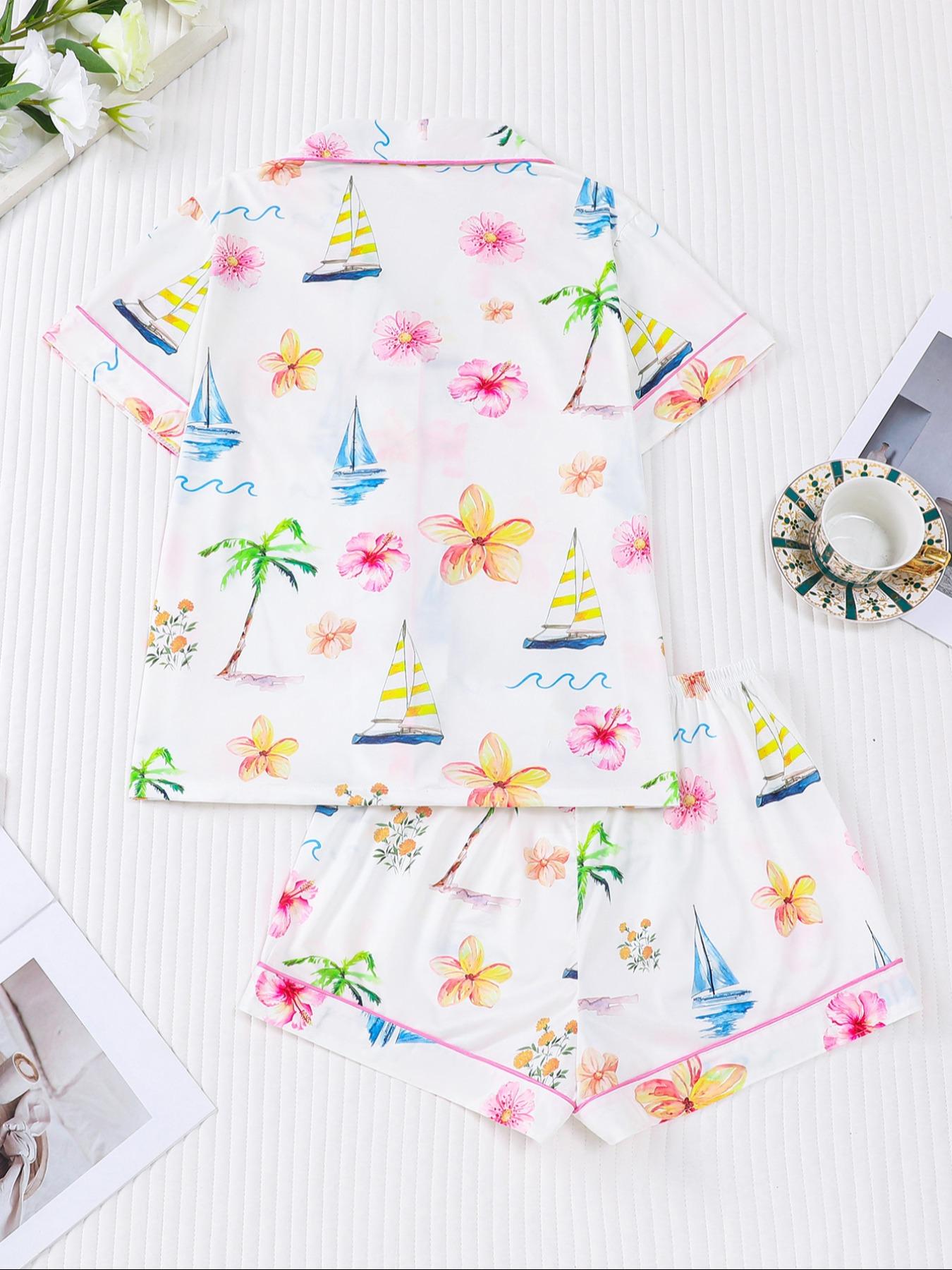 Women's Hawaiian flower Print Pajama Set, 2 Piece Summer Sleepwear, Comfortable Shirt Collar Short Sleeve Top & Elastic Shorts