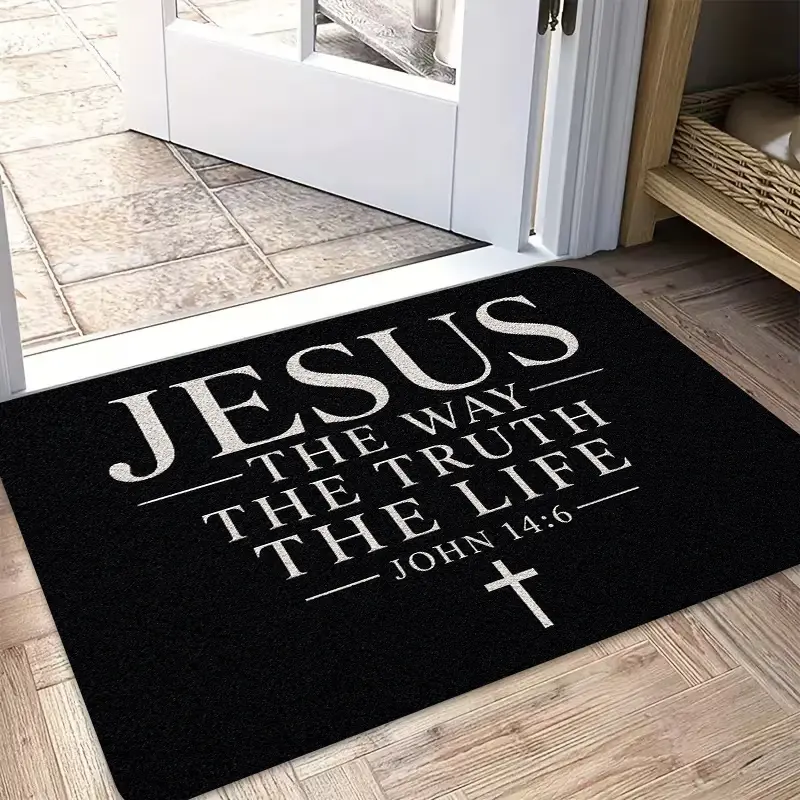 Flannel Floor Mat 1pc, 2D flat printing, JESUS Bible Verse Cross Entrance Door Mat, Kitchen and Dining Room Decoration, Indoor and Outdoor Home Decor