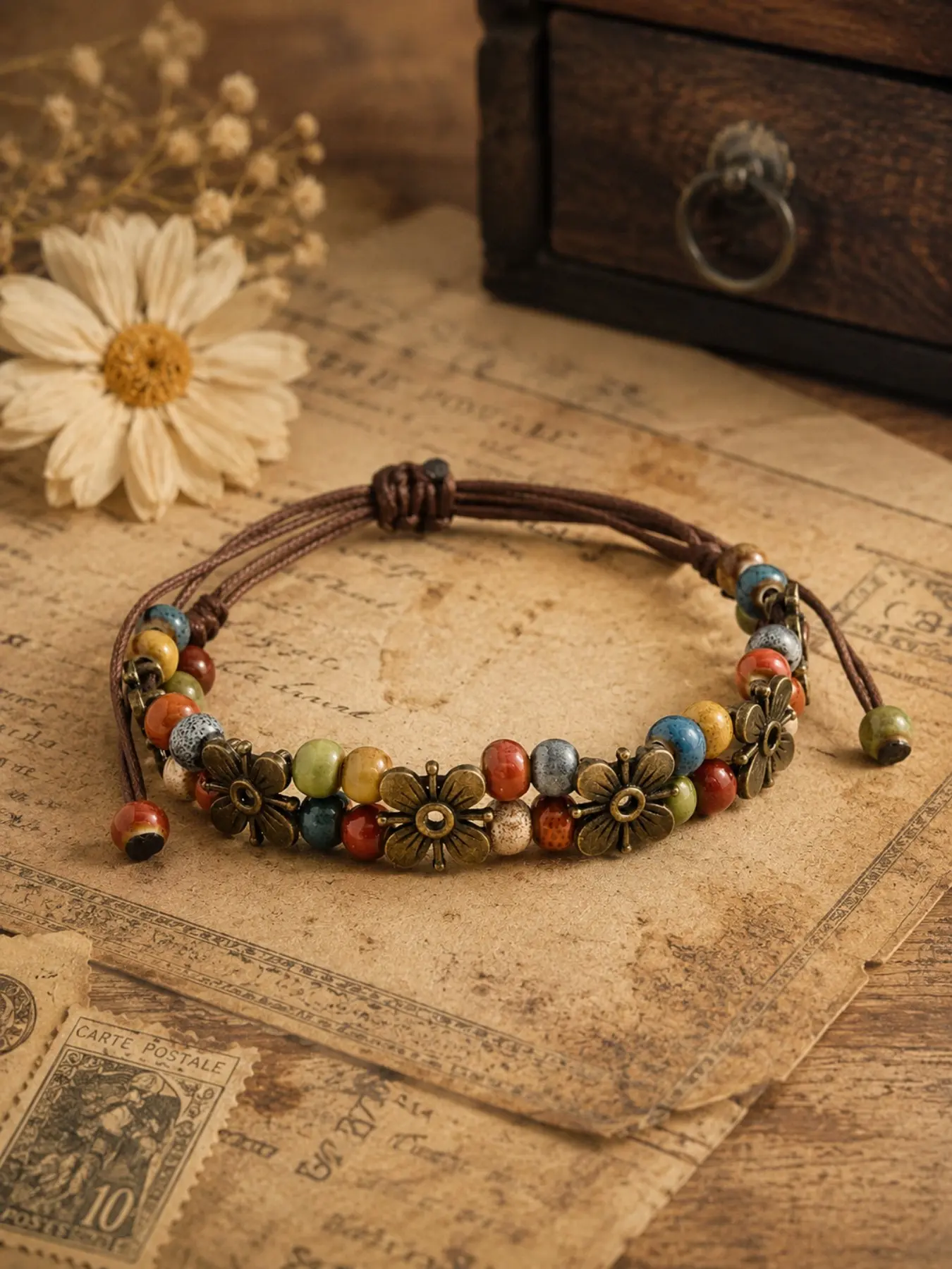 Bohemian Vintage Handmade Woven Bracelet, Colorful Ceramic Beaded & Leather Cord, Flower Charms, Adjustable Knot, Women Girls Daily Wear Party Gift