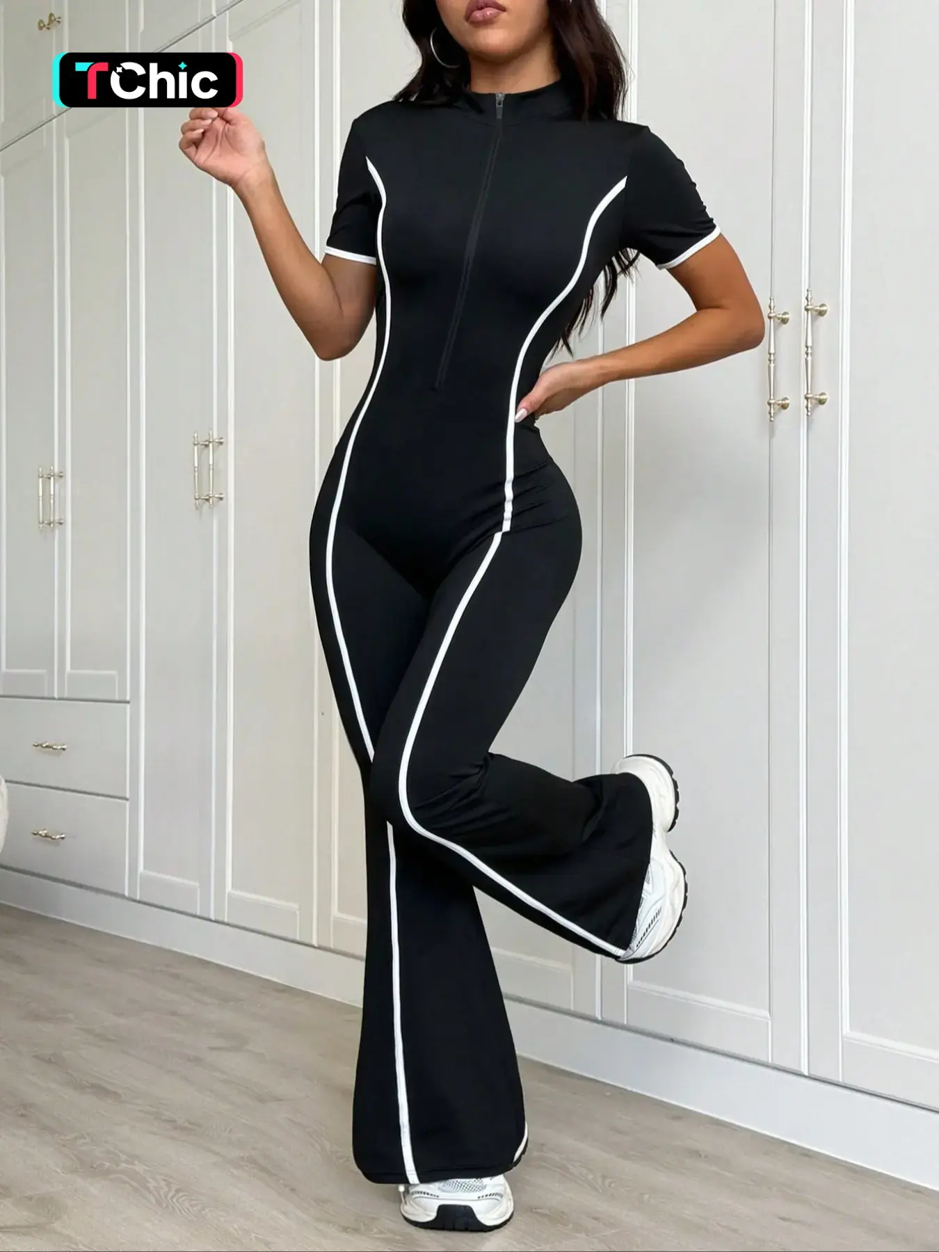 Women's Colorblock Zipper Fall Winter Fleece Lined Knitted Yoga Jumpsuit, Workout Jumpsuits, Sports Jumpsuits, Activewear Jumpsuit, Long Sleeve Slim Fit Casual Fashion Clothes, Front Zip Jumpsuit