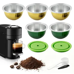 Reusable Aluminum Coffee Capsules, 5 Cups + 2 Silicone Lids, Compatible with Nespresso Vertuo Next Plus, Yellow 230ML, Green150ML