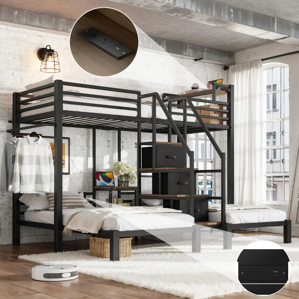 Heavy Duty Metal Frame Full Vertical Stack Triple Bunk Bed - 3 Sleepers, Storage Stair Drawers, Built-In Desk, No Box Spring Needed, Black Brown Industrial Contemporary Space-Saver Indoor Bed Frame for Teens