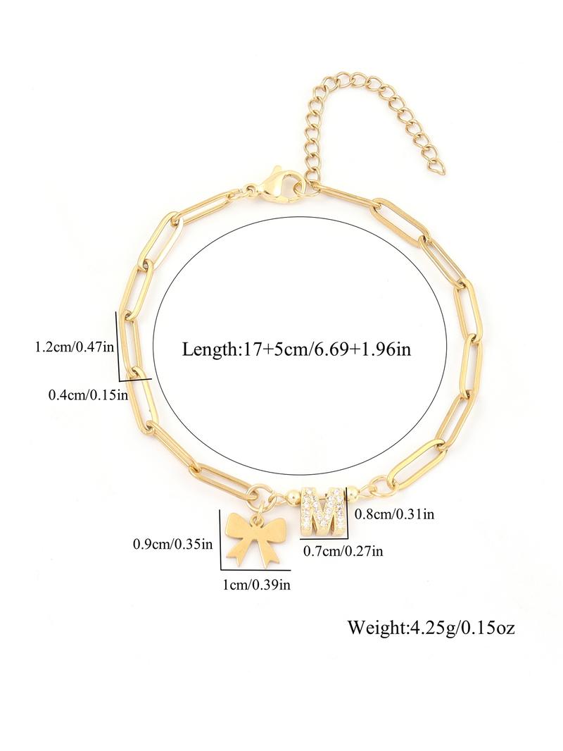 Bowknot Design Initial Bracelet, Rhinestone Decorated Link Bracelet for Women & Girls, Fashion Jewelry for Party, Daily Decor, Trendy All-match Jewelry for Gift, Personalized Jewelry