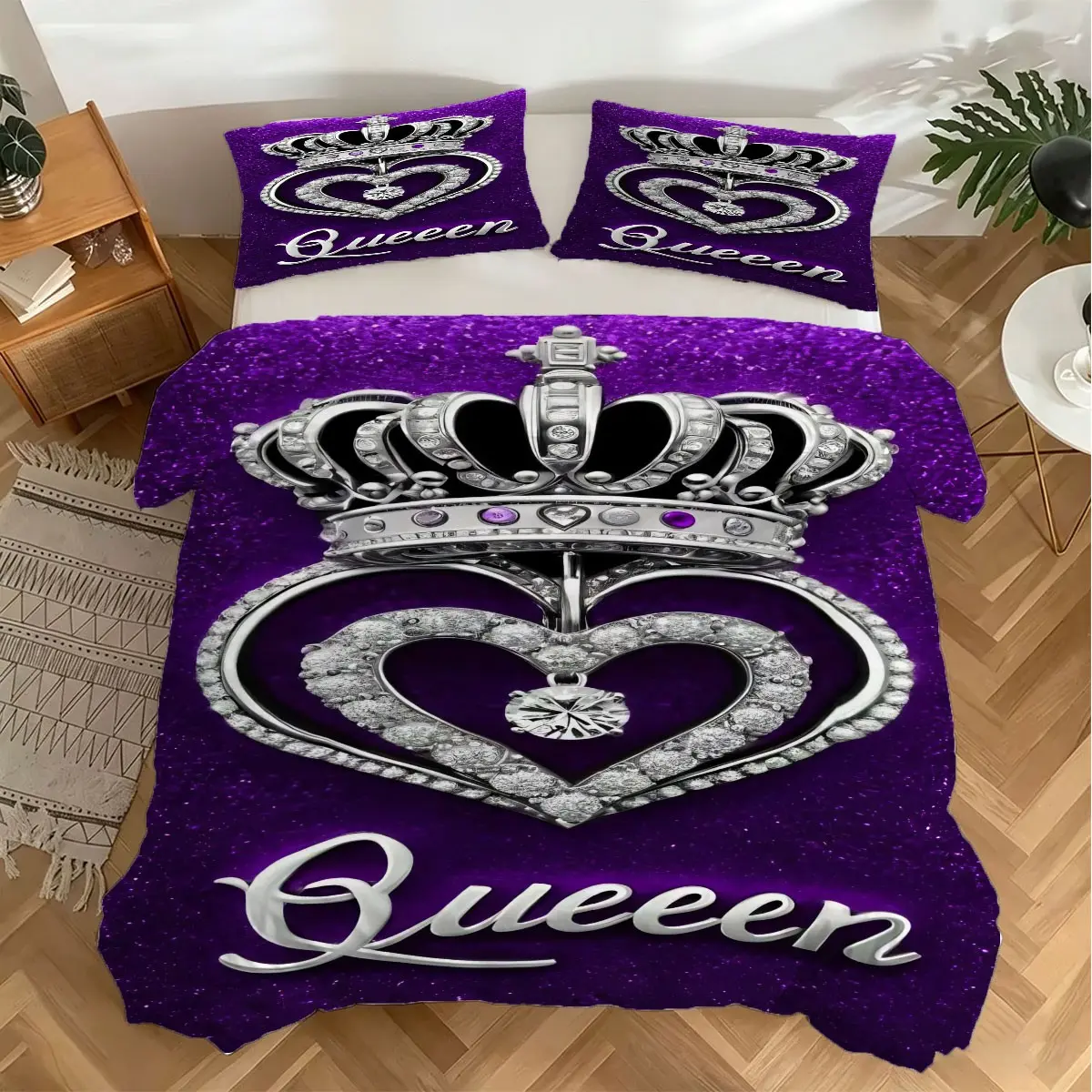 Heavy‑Duty Glam Royal Purple Queen Crown Bedding Set, 2/3pcs No Filling – Machine‑Washable Duvet Cover Set, Perfect for Daily Bedroom Use, Holiday Valentine Guest Room, Teen Girls Dorm & Elegant Glam Hangout Space