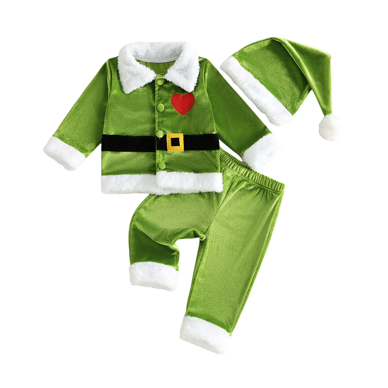 Toddler Baby Christmas Elf Outfit Long Sleeve Velvet Tops with Pants with Hat Baby Santa Costume