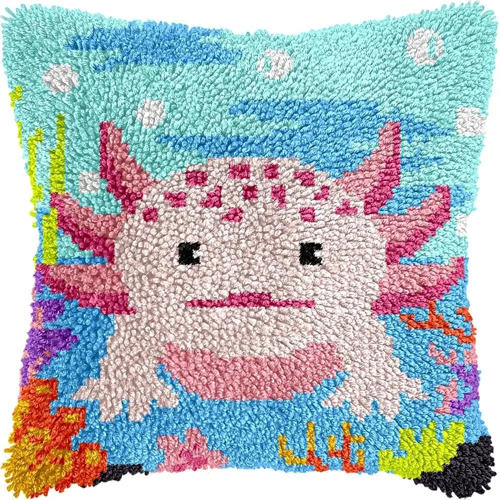 Colorful Axolotl Latch Hook Kits for Adults Beginners Cute Animals Latch Hook Pillow Kit Pre-Printed Latch Hook Rug Kits Cross-Stitch Embroidery Cushion for Home Sofa Decoration 17x17 in.