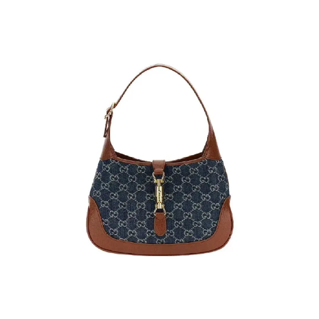 Gucci Jackie 1961 Handbag for Women – Golden Buckle, Monogram Canvas with Leather Trim, Brown and Blue Two-Tone, Small Sling Bag
