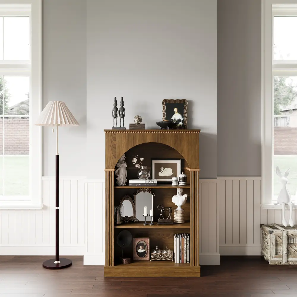 Littleox 3-Tier Arched Open Bookshelf, Traditional Freestanding Bookcase with Decorative Beaded Trim, Light Walnut Wood Display Shelf for Living Room, Home Office, Bedroom, and Hallway
