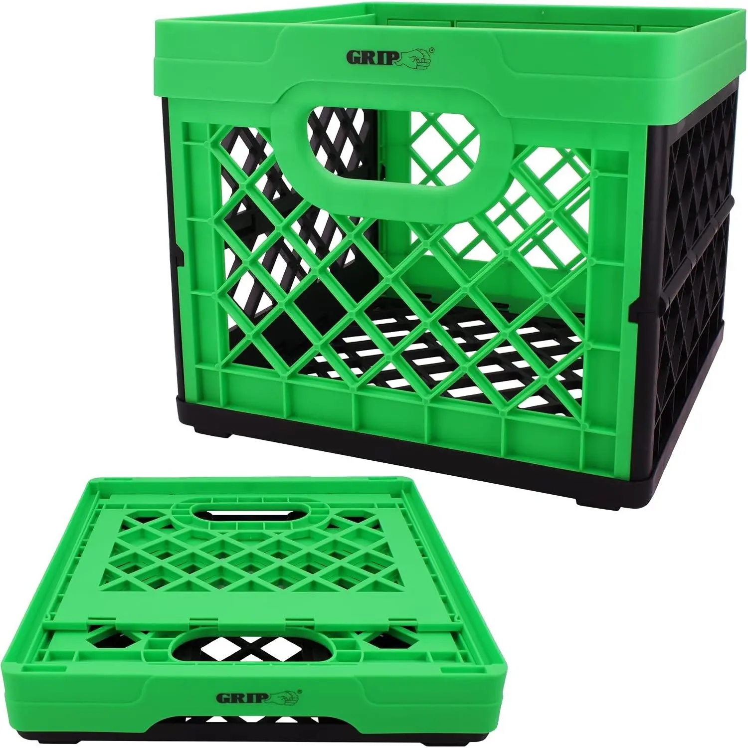 Folding Stackable Storage Bin, Grn, 6 Gallon - Dimensions: 13" x 13" x 11" - Milk Crate - Capacity: 50 lbs - Heavy Duty Plastic Collapsible Crate for Sporting Goods, Toys, Pool Toys, Files