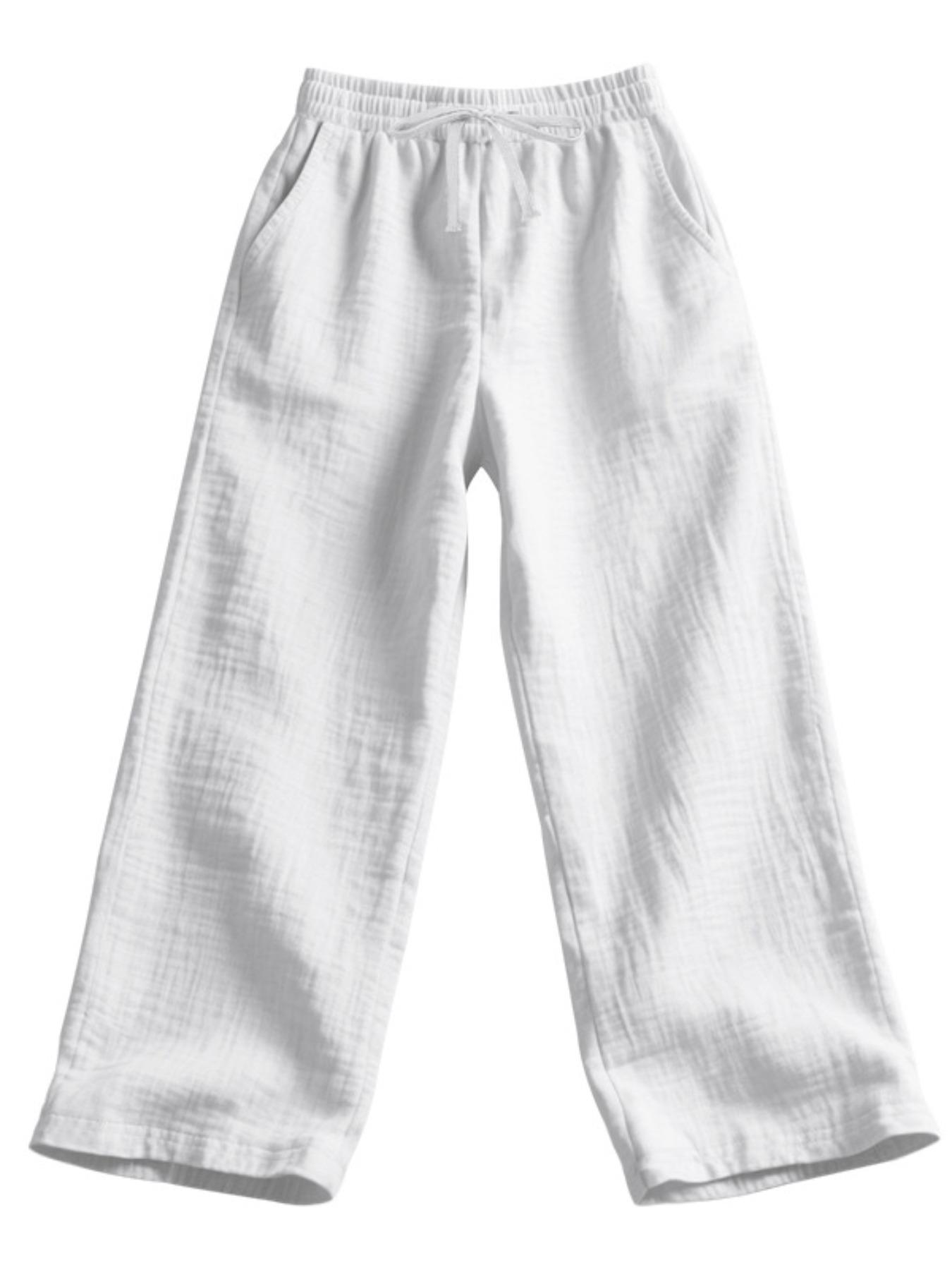 Men's Linen Long Pants Fit with Pockets, Casual Beach Pants, Summer Home Wear, Elastic Waistband & Drawstring, Spring & Fall Fashion