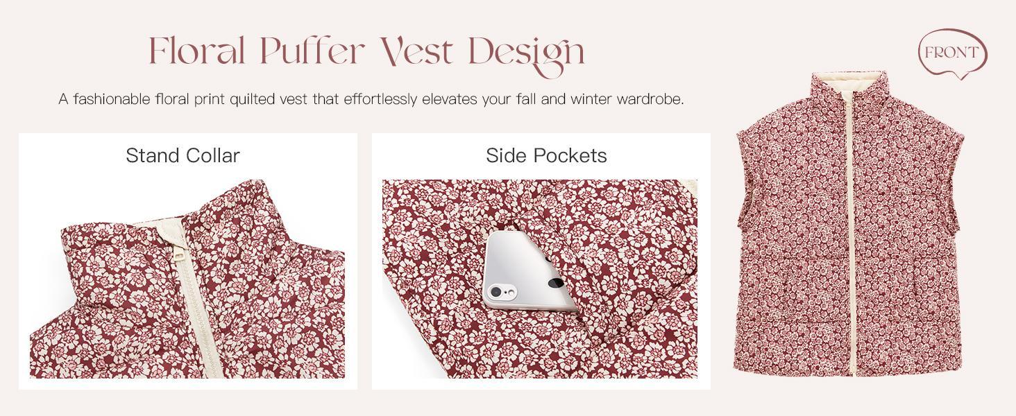 Imily Bela Womens Floral Oversized Puffer Vest Cap Sleeve Winter Warm Puffy Quilted Jackets Coa