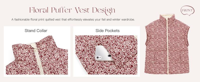 Imily Bela Womens Floral Oversized Puffer Vest Cap Sleeve Winter Warm Puffy Quilted Jackets Coa