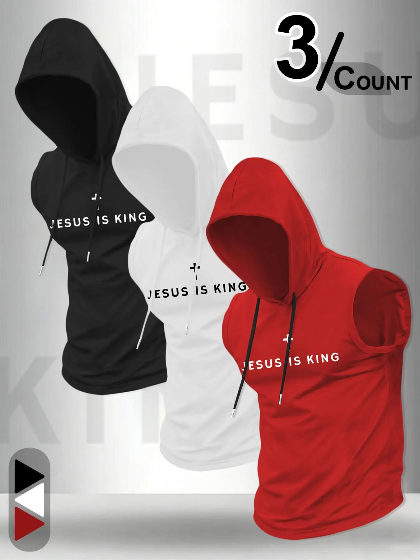 3 Pack Men Drawstring Hooded Sleeveless Tank Tops Jesus Is King Cross Faith Chest Print Lightweight Gym Workout Christian Religious Streetwear Fitness Singlet Casual Fitness Wear Black White Red