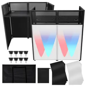 Professional Portable DJ Facade Booth Table Station Heavy Duty Alloy Steel DJ Controller Mixer Table 200 Lbs Capacity Mobile DJ Event Booth with Black White Scrim Projection Cloth Cable Management Carrying Bag For Weddings Club Concert summergarden