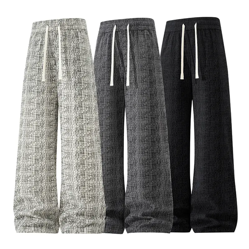 tweed-textured wide-leg trousers with contrasting white drawstring waistband, soft draping fabric and loose floor-length silhouette ideal for elegant casual and commuter styling # sohochic
