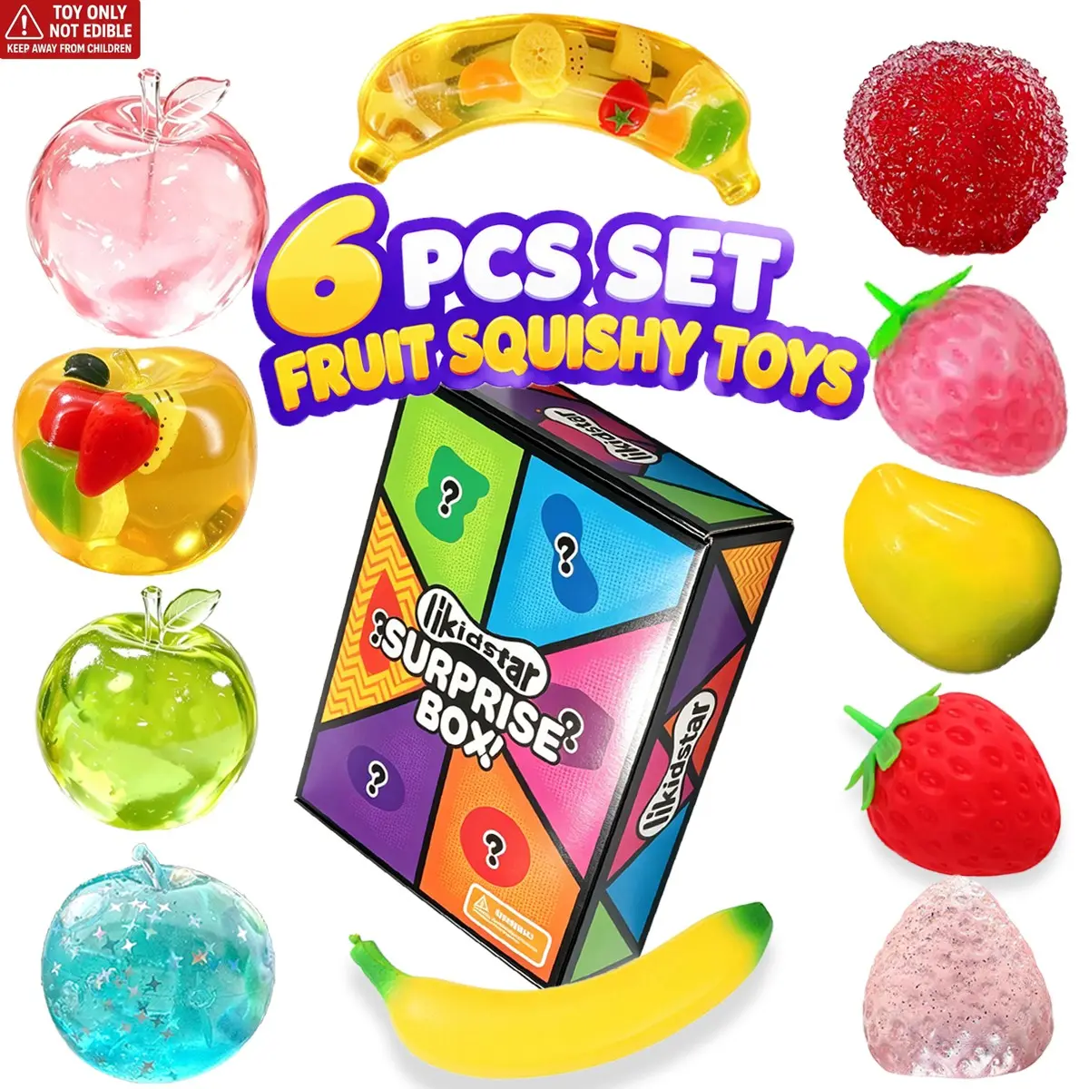 6pcs/set - Stress reducing toy simulation fruit gummies set blind box, Squishies Stress Relief, soft sensory squeeze toy, children's and adult holiday party gift, suitable as the perfect gift for Halloween and Christmas