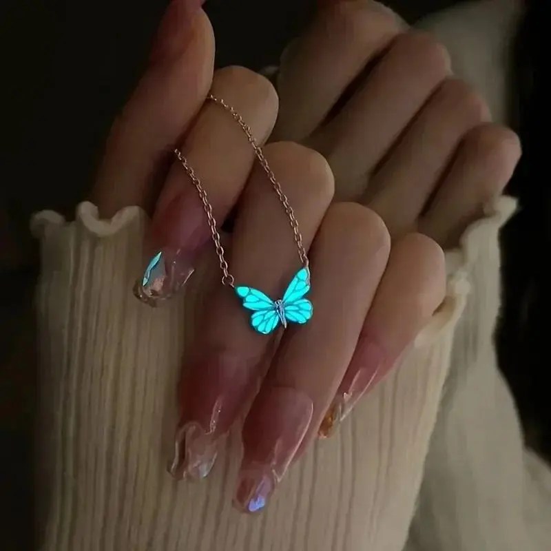 New Butterfly Lamp Necklace Female Simple Light Luxury Fashion New Blue Luminous Butterfly Clavicle Chain Female Party Gift