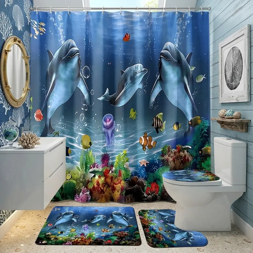4pcs Vivid Underwater World Dolphin Jellyfish Coral Tropical Fish Print Shower Curtain Set with Toilet Lid Cover & Bathroom Mats, Aesthetic Shower Curtain, Ocean Themed Bathroom Decor for Home Bathroom