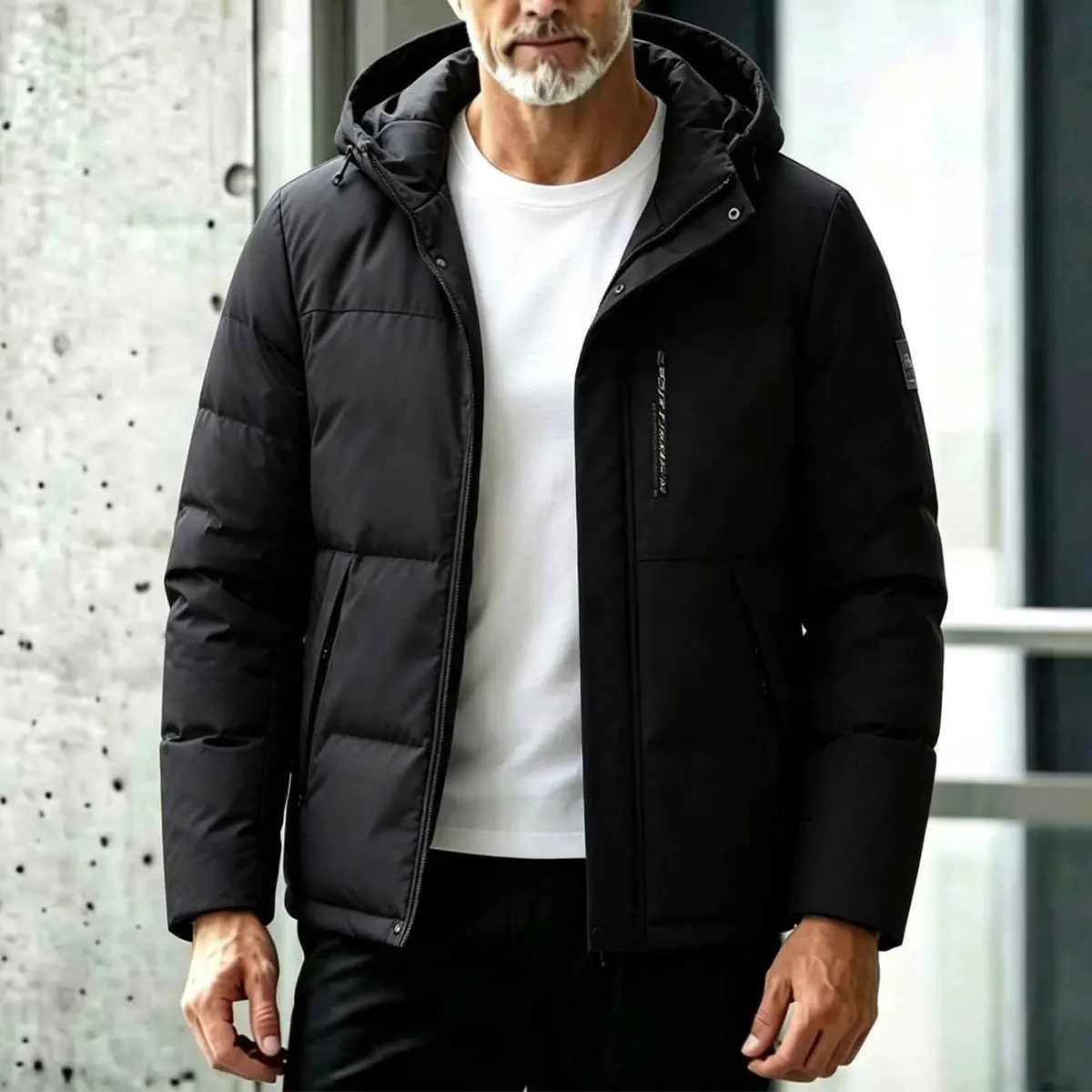 Men's hooded down winter jacket, hot gold reflective lining windproof jacket, zipper style warm jacket, zipper pocket durable shell, loose and comfortable, suitable for cold weather, outdoor hiking, daily commuting, travel, leisure occasions, easy to matc