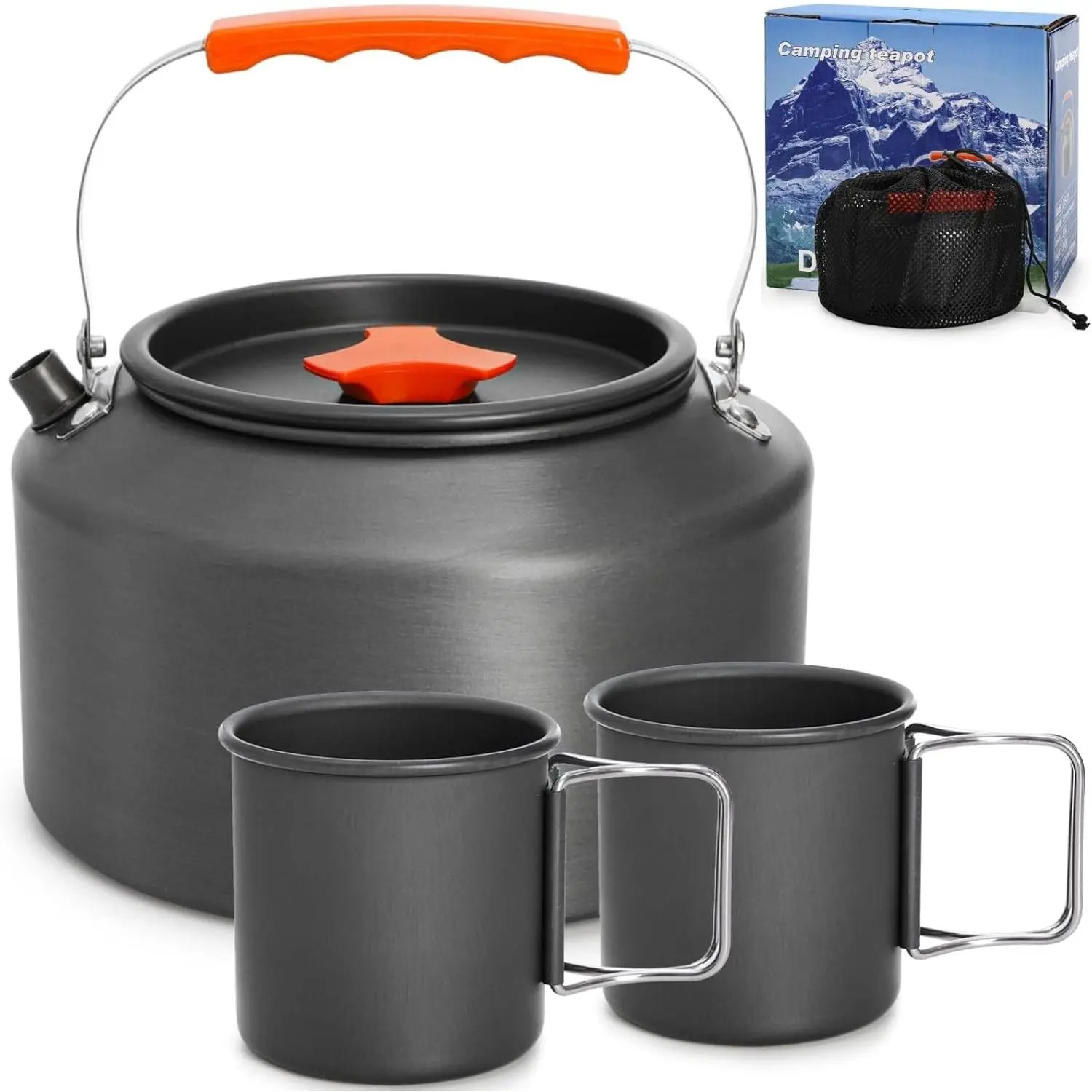 3-Piece Camping Kettle Set - 2.5L Portable Water Boiler with Storage Bag, 2 Cups for Open Fire, Hiking (Women's Outdoor Activity Essential Stove Coffee Tea Pot)