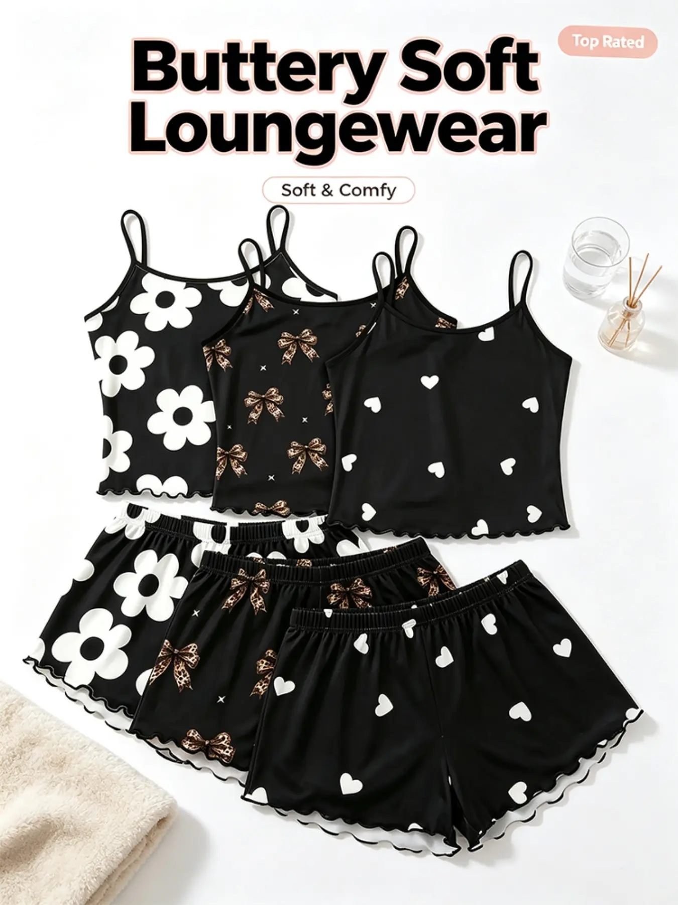 6 Piece Set Women's Pajamas Set Coquette Y2K Aesthetic Daisy Leopard Bow Heart Print Black White Summer Spaghetti Strap Camisole Shorts Ruffle Hem Buttery Soft Cozy Sleepwear Loungewear Trendy Girly Pjs Sets for Daily Home Wear