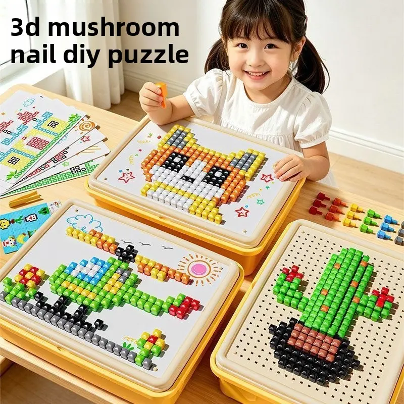 3D Plug-and-Play Mushroom Peg Puzzle, Large-Particle DIY Assembly Construction Kit for Ages 13+, Intermediate-Level Cuboid Educational Toy for Observation & Concentration Development, Plastic