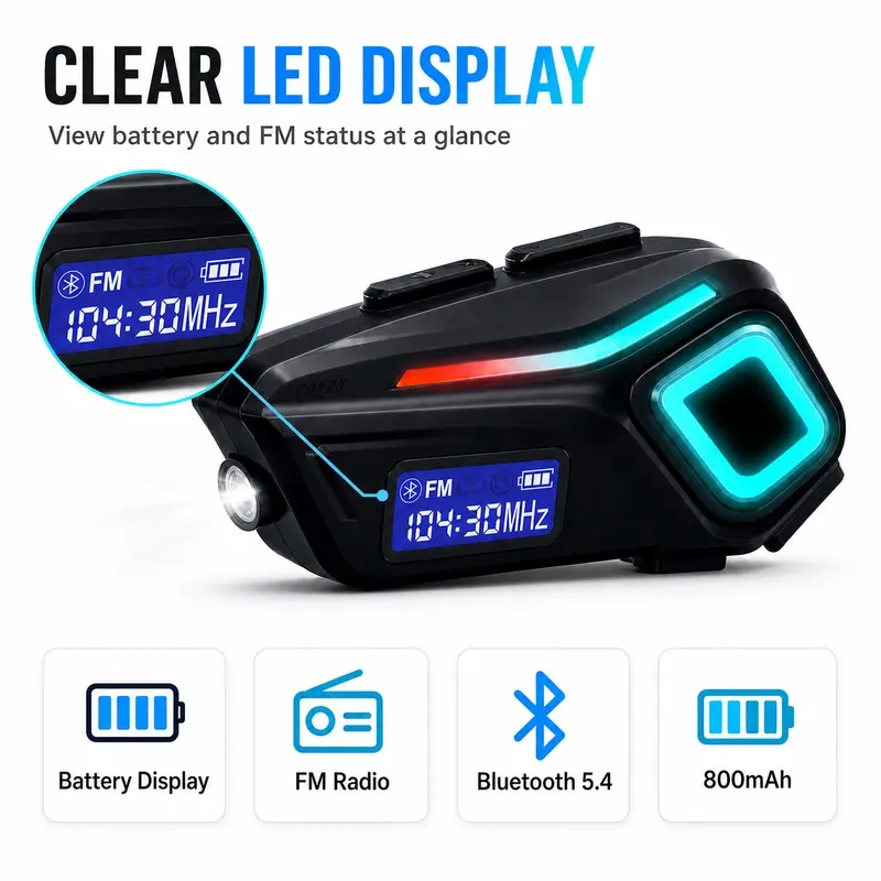 Motorcycle Bluetooth Helmet Audio Headset, 40mm Speaker with FM Receiver, Voice Assistant, Digital Display and Hands-Free Calling
