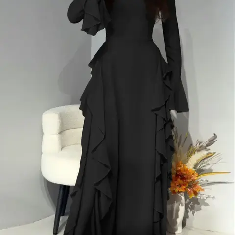 Pure Color Flared Sleeve Waist Cinching Long Dress, Slim-Fitting Holiday Style, Spring & Fall Fashion, Plain Pattern, Women's Clothing