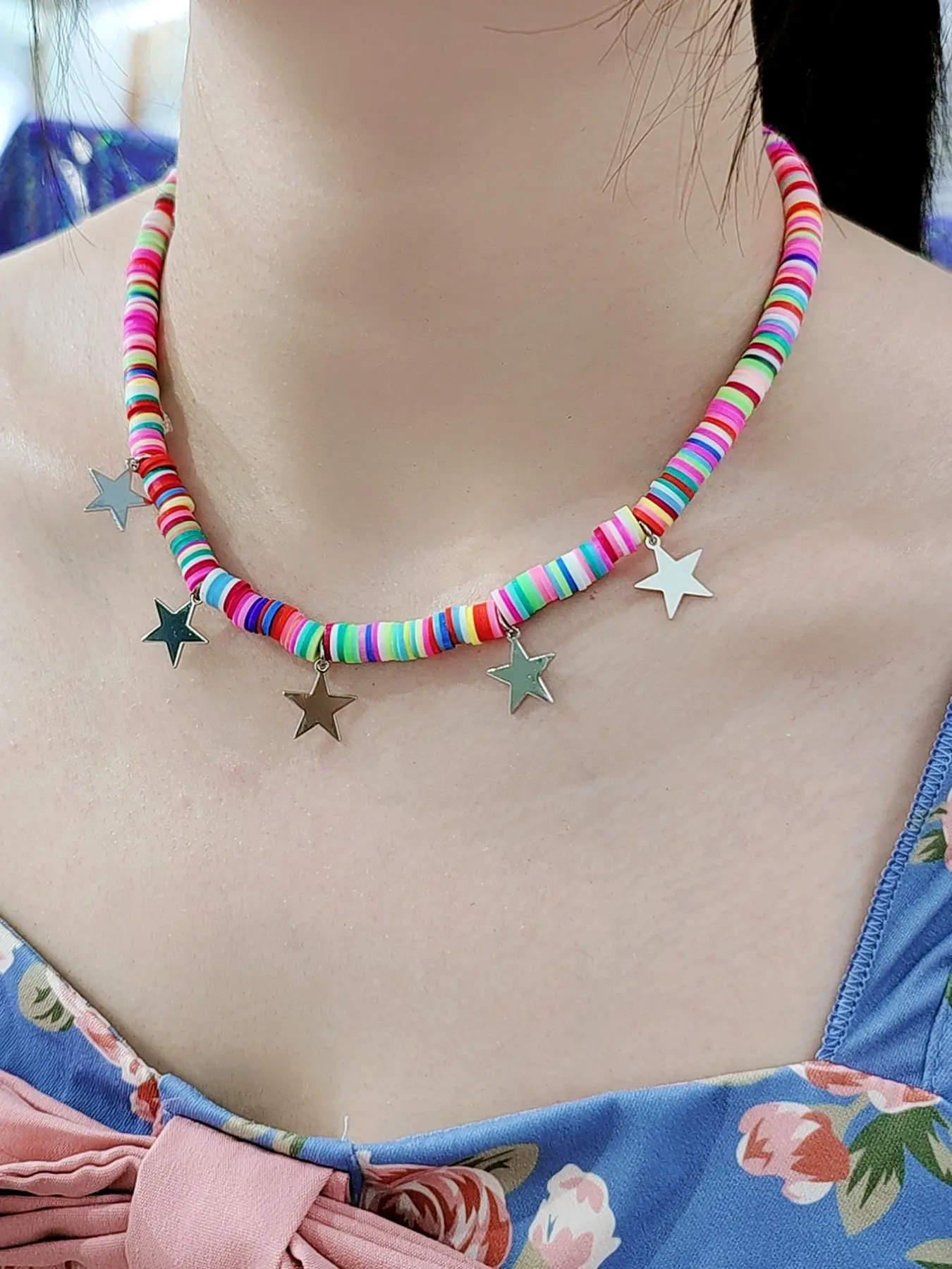 Fashionable Star Copper Bell Chain Heart Alloy Pendant Necklace, Multicolor Soft Clay, Y2K Style, Perfect for Parties and Gifts