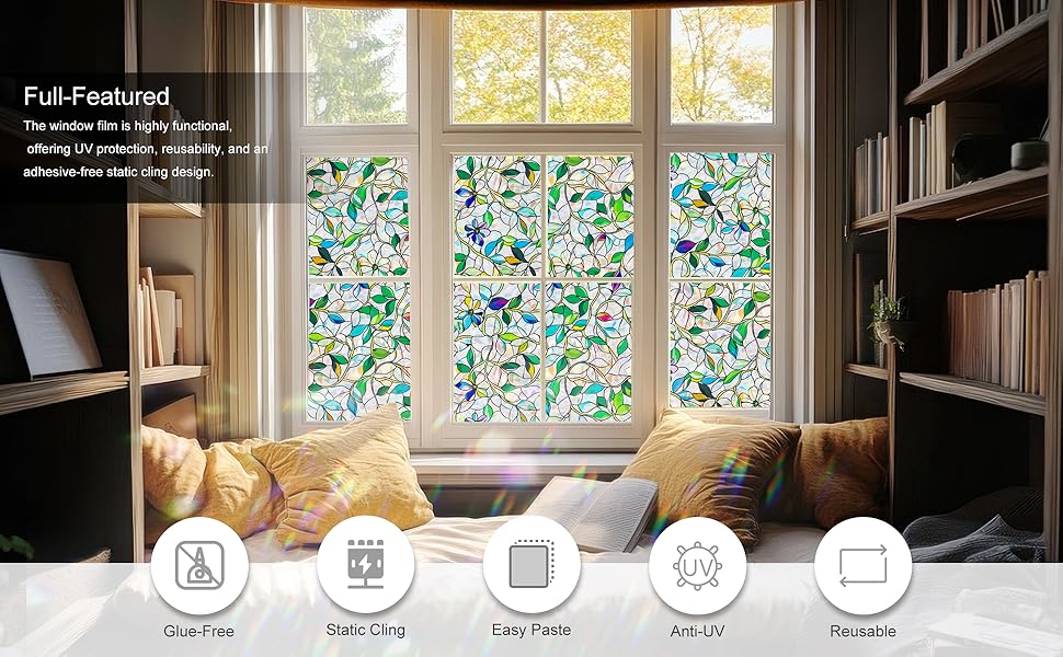 Stained Glass Window Film, Rainbow Privacy, One Way Decorative Tint, Static Cling, Renter Friendly for Home Bathroom Door