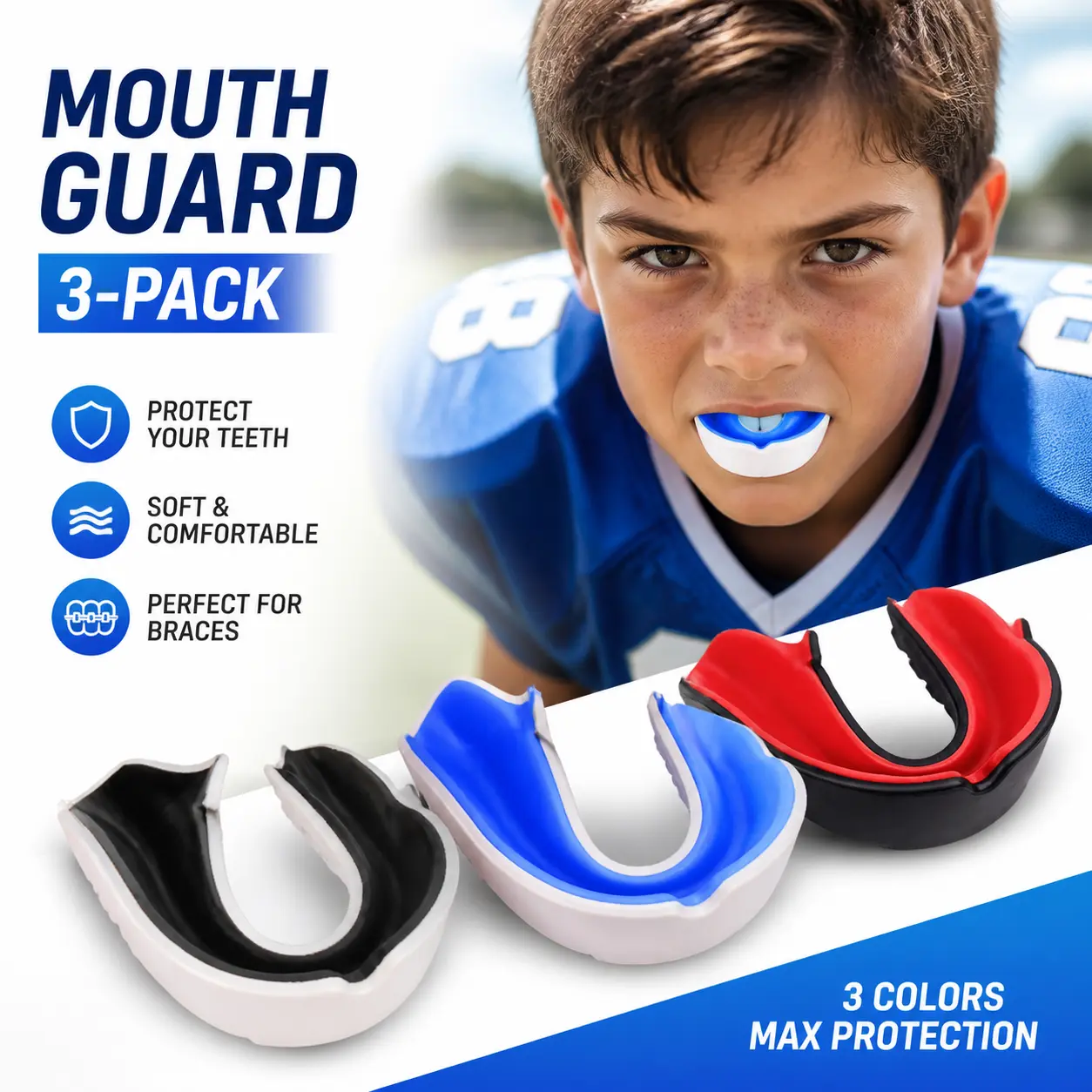 Boys' EVA Teeth Protection Mouth Guard Set (3-Pack) - Soft Double Colored Mouthpiece for Braces, Football, Affordable Prices, Fast Shipping, Youth, High-Quality Items, Double Colors, 3-Pieces, 3 Mouth Guard Sets