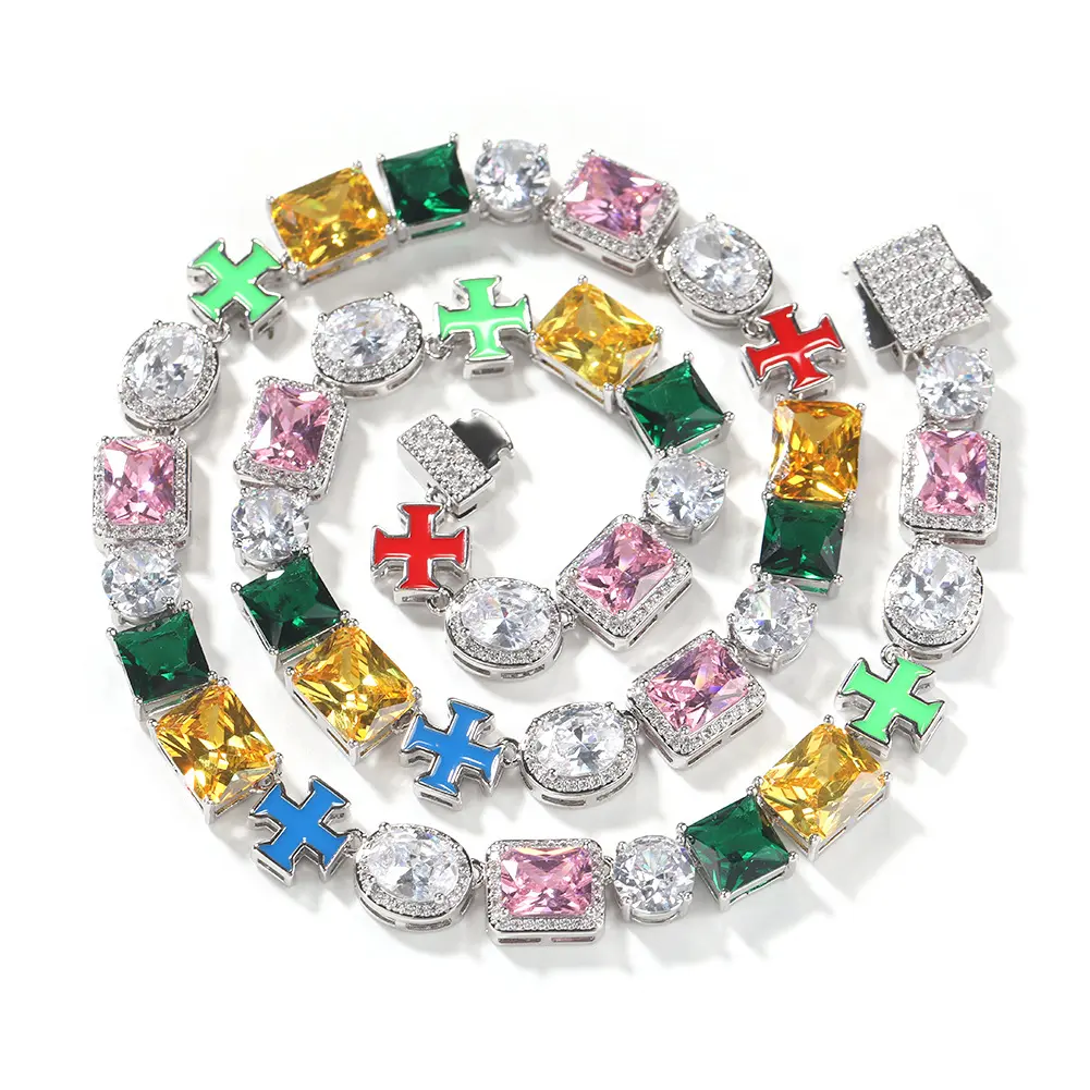 Unisex Cross Tennis Chain, Multi-Color Square & Round CZ Necklace, Hip Hop Rainbow Enamel Necklace, Suitable For Daily Outfits, Fashion Jewelry Gift