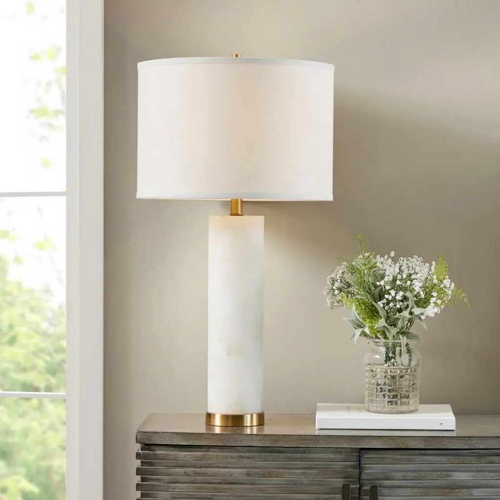 Nokaa Alab Table Lamp – White Drum Shade with Gold Metal Base, E26 Socket, Plug-In On/Off Switch, Warm Ambient Light for Living Room Bedroom Office Nightstand Desk, Single Pack