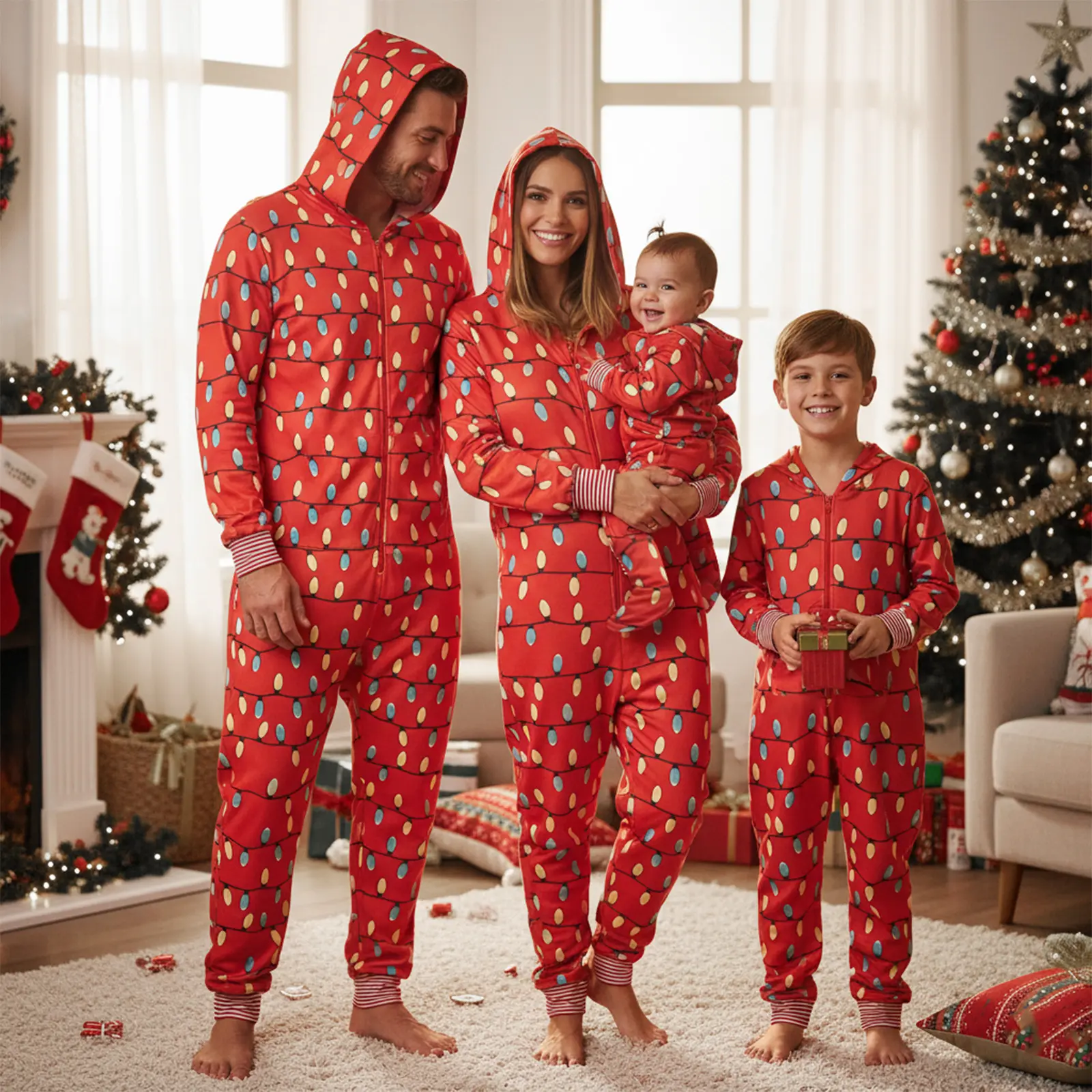 Family Xmas Matching Jumpsuit Pajamas, Fairy Light Printed Family Sleepwear, Christmas Front Zipper Nightwear