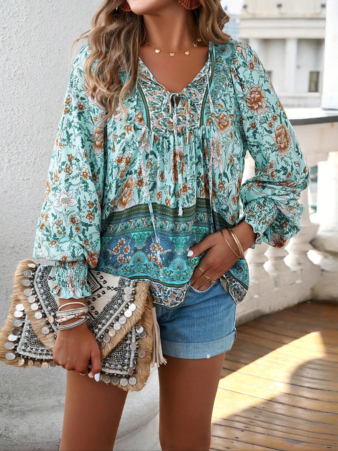 Women's All Over Boho Style Floral Print Tie Front Long Sleeve Blouse, Boho Cottagecore Blouse, Boho Chic Sleeve, Boho Casual V Neck Longsleeves Bishop Sleeve Frill Trim Top for Fall & Winter