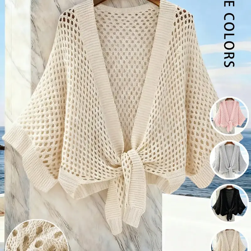 Women's V-Neck Hollow-Out Short Cardigan, Breathable Outerwear, Casual Fitted Knitwear for Spring & Summer, Knit Clothes