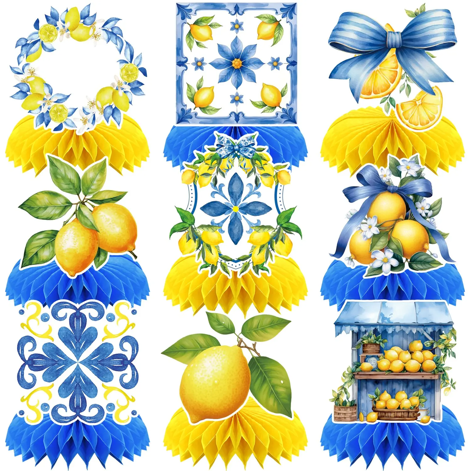 9pcs Lemon & Blue Honeycomb Centerpieces, Double-Sided Lemonade Decor, Mediterranean Tile Pattern, Birthday, Wedding, Bridal Shower Decorations