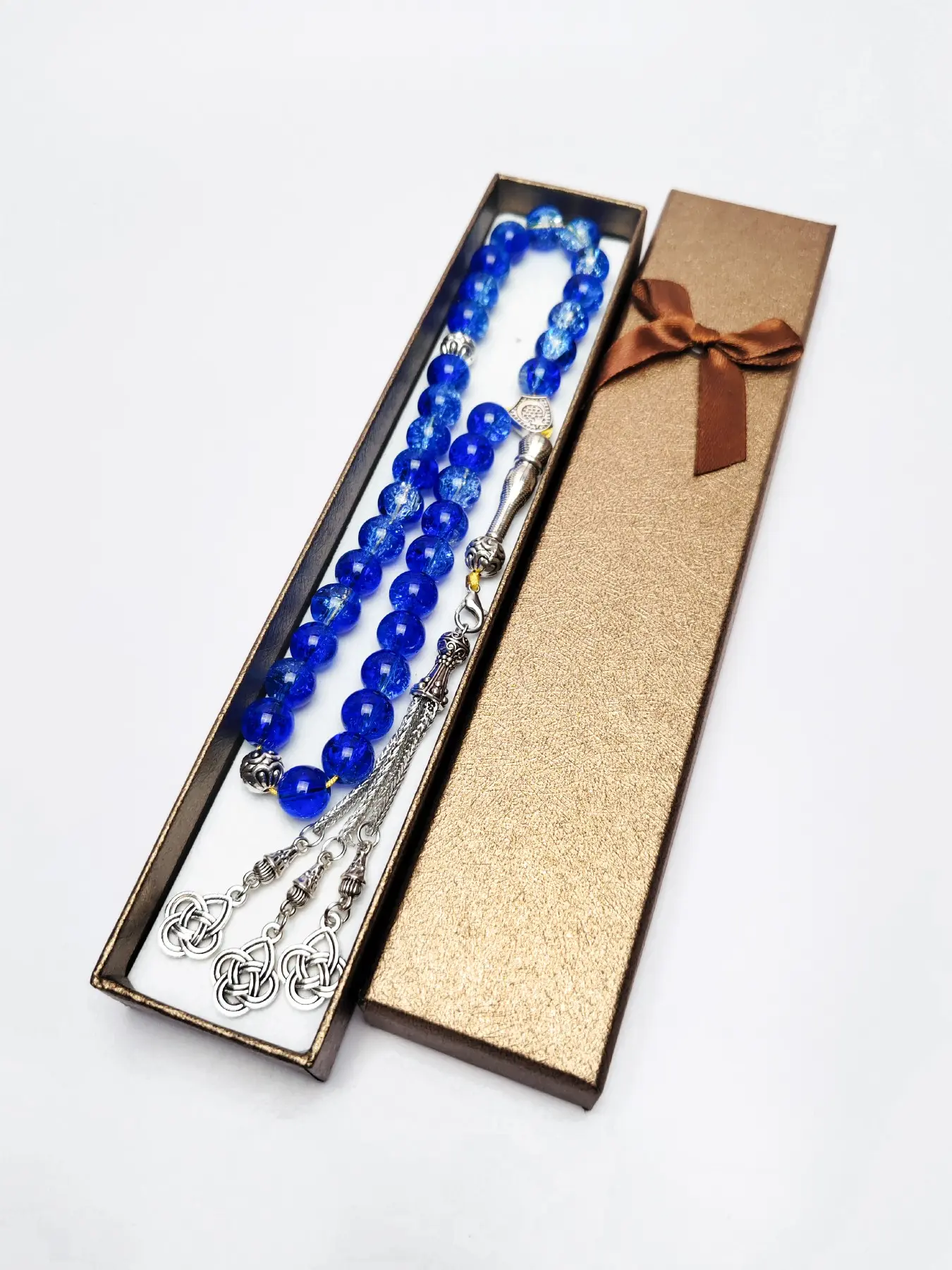 33 Beads 10mm Floral Glass Prayer Beads, Islamic Tasbih Counter, Muslim Ramadan Gift, Dual Blue Color, Middle Eastern Bracelet