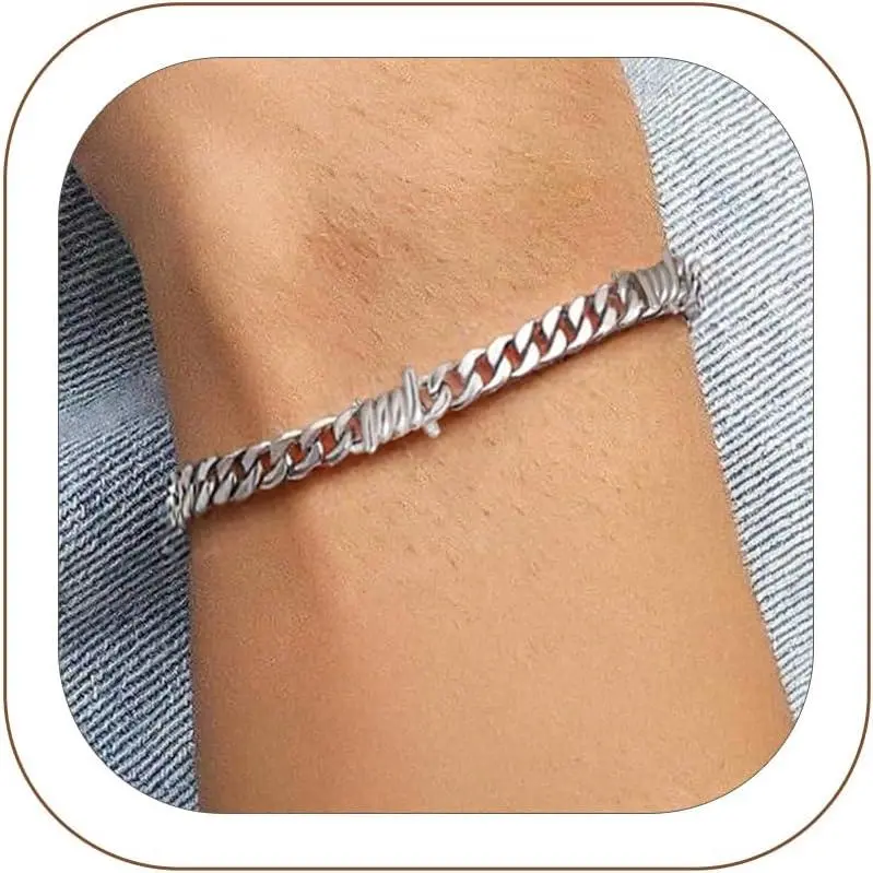 Barbed Wire Bracelet, Cuban Link Chain Bracelet for Men, Stainless Steel Gothic Punk Thorns Hand Chain,  Hop , 7mm/9 mm Width, 7"-8.3" Length, Send  Box