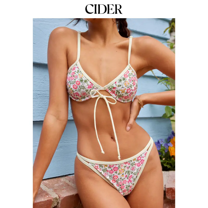 Women's Flower Print 2-Piece Bikini Swimsuit Outfit - V-Neck Underwire Top, Cheeky Low Rise Bottoms, L-8, M-6, Bikini Beach Wear