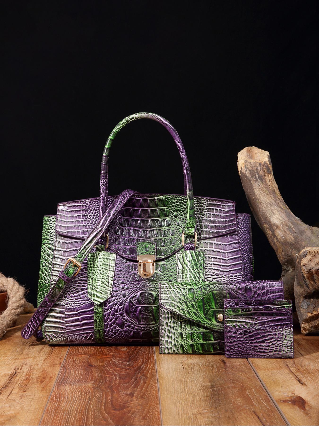 Fashionable Crocodile Embossed Handbag & Long and Short Wallet Set, Large Capacity Shoulder Bag Set, Casual Trendy Versatile High-quality Daily Commuting Bag Set for Women Purse