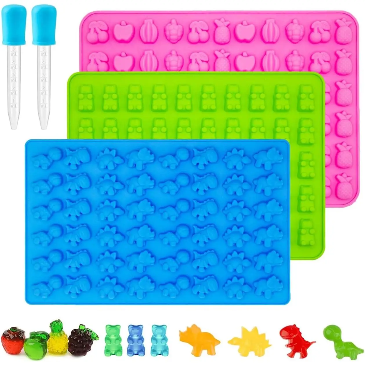 Gummy Candy Molds - Silicone Mini Gummy Bear/Dinosaur/Fruit Snack Molds with 2pcs Dropper,Non-stick and Bpa Free for Candy Chocolate Gummies Baking