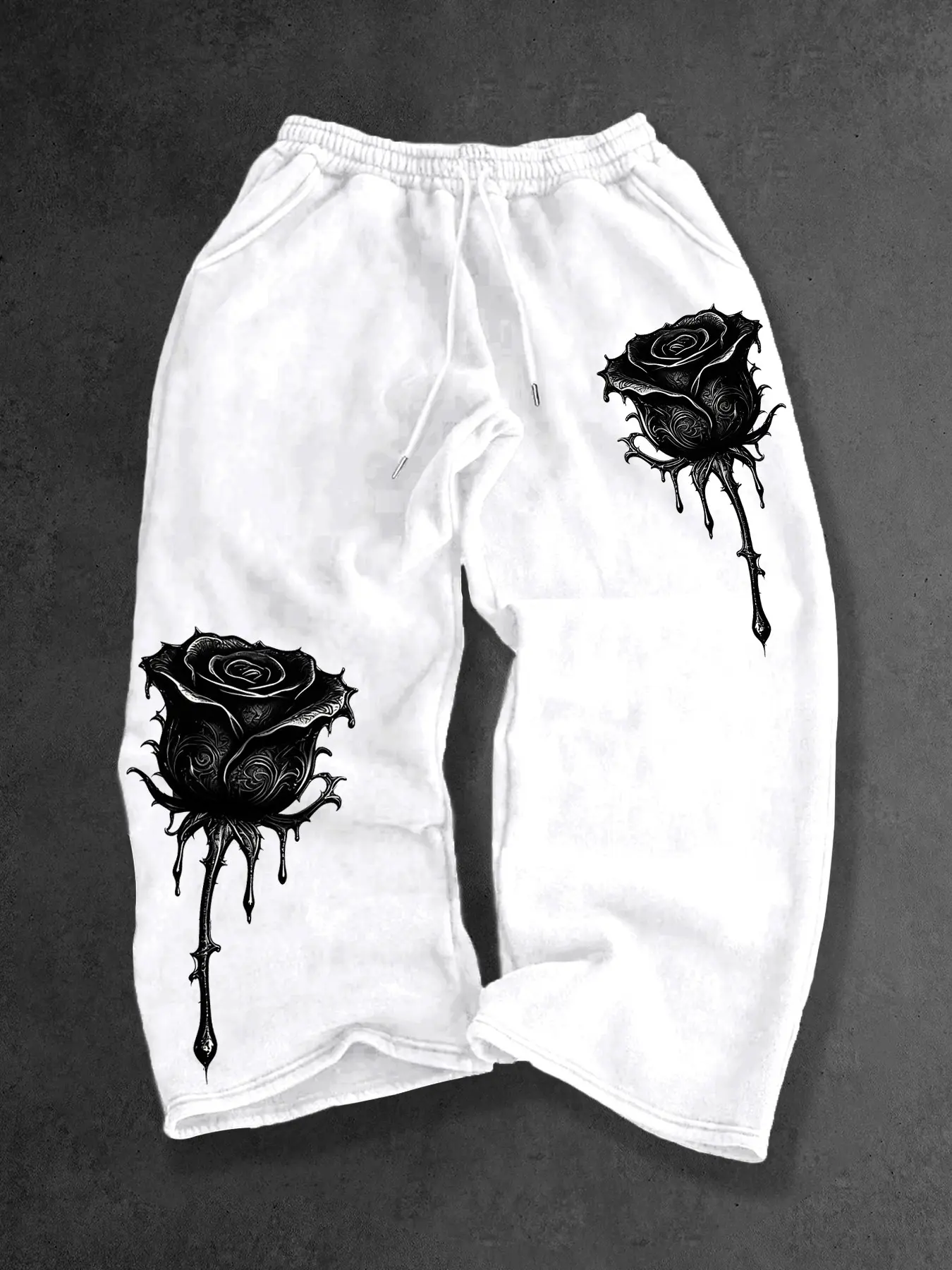 Men Elastic Drawstring Wide Leg Sweatpants, Gothic Dripping Thorn Rose Graphic Print On Both Legs, Soft Loose Street Casual Jogger Trousers With Side Pockets #DripRoseSweatpants #GothicStreetPants #WideLegFloralJoggers